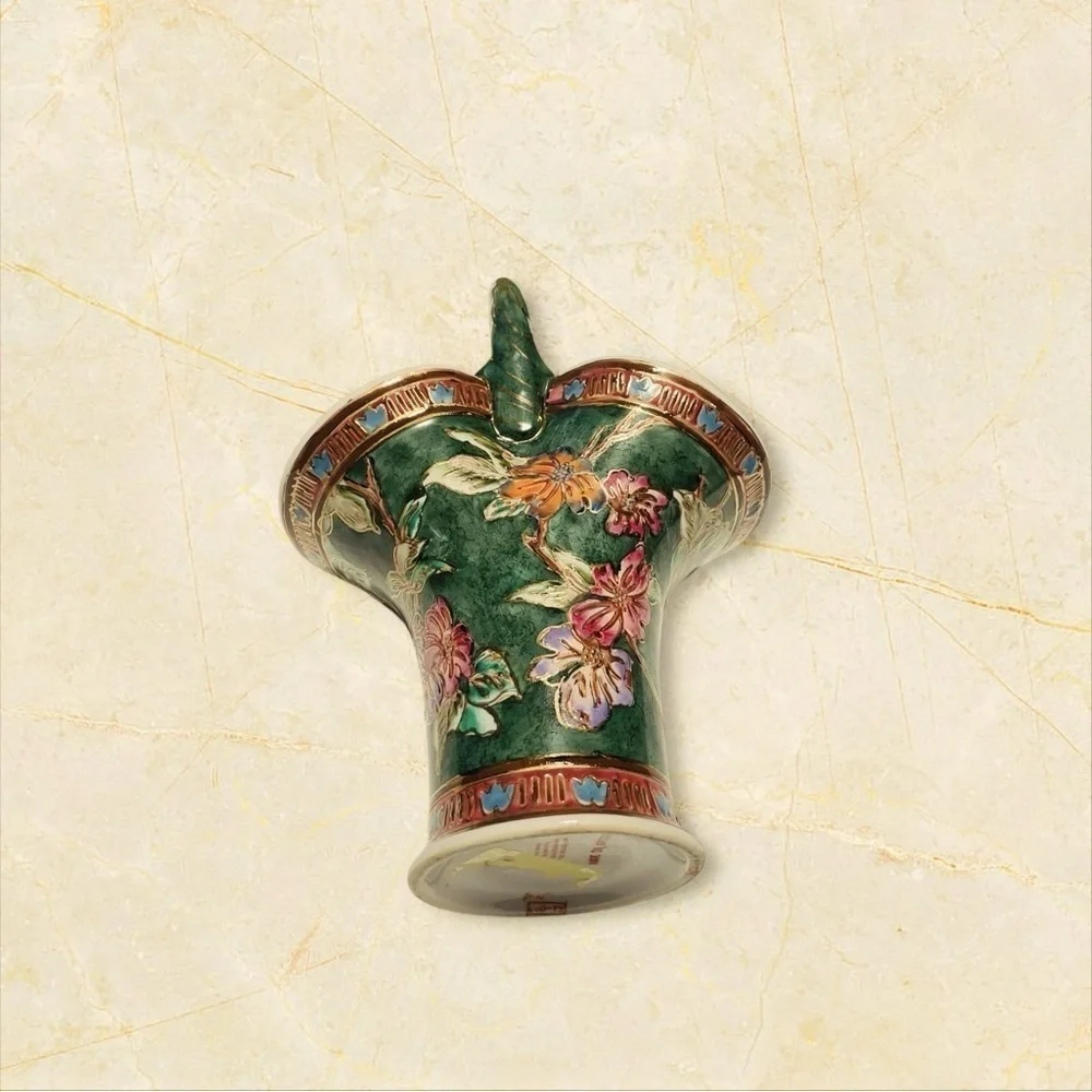 Vintage Chinese Ceramic Floral Basket Basket With Floral Design And Gold Trim